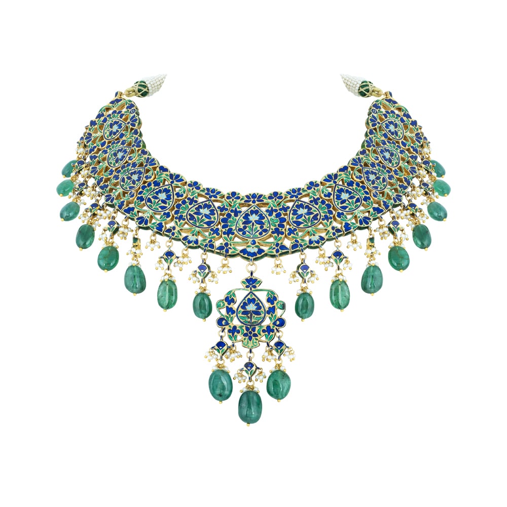 Polki Necklace with Green Enamel and Emerald Maniyas Beads